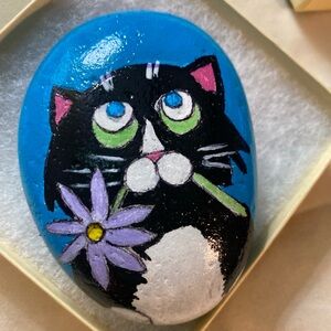 Hand-Painted Cat Rock with Flower tuxedo